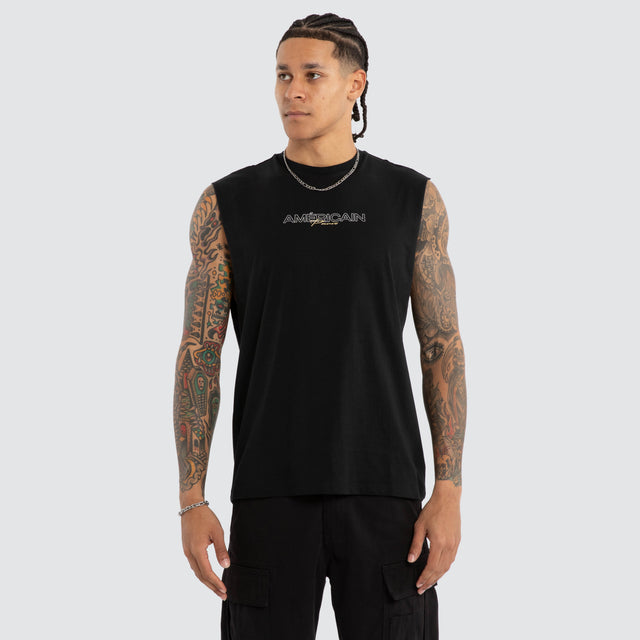 Model wears Corestrike Scoop Back Muscle Jet Black Muscle Tees Black – image 2