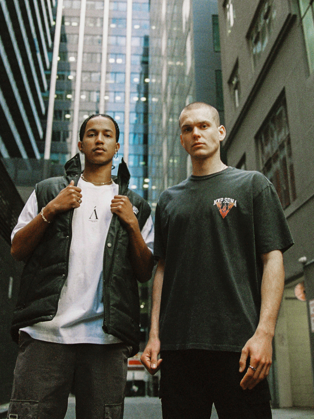 Two men wearing Australian Streetwear representing Neverland Store's style