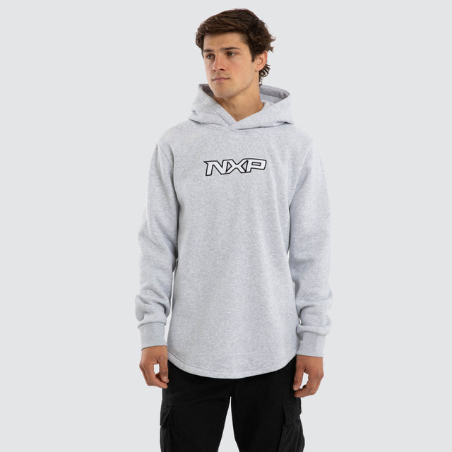 Model wears Podium Dual Curved Hoodie Grey Marle Hoodies Grey – image 3