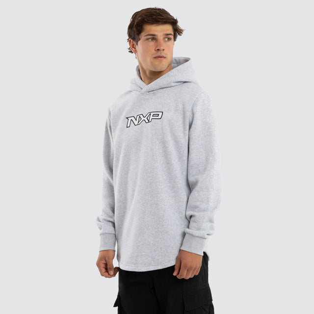 Model wears Podium Dual Curved Hoodie Grey Marle Hoodies Grey – image 5