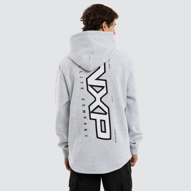 Model wears Podium Dual Curved Hoodie Grey Marle Hoodies Grey – image 1