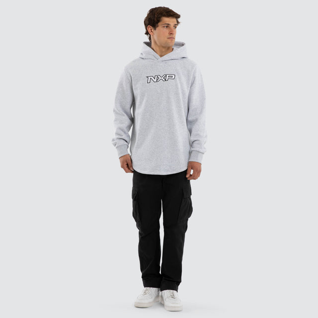 Model wears Podium Dual Curved Hoodie Grey Marle Hoodies Grey – image 2