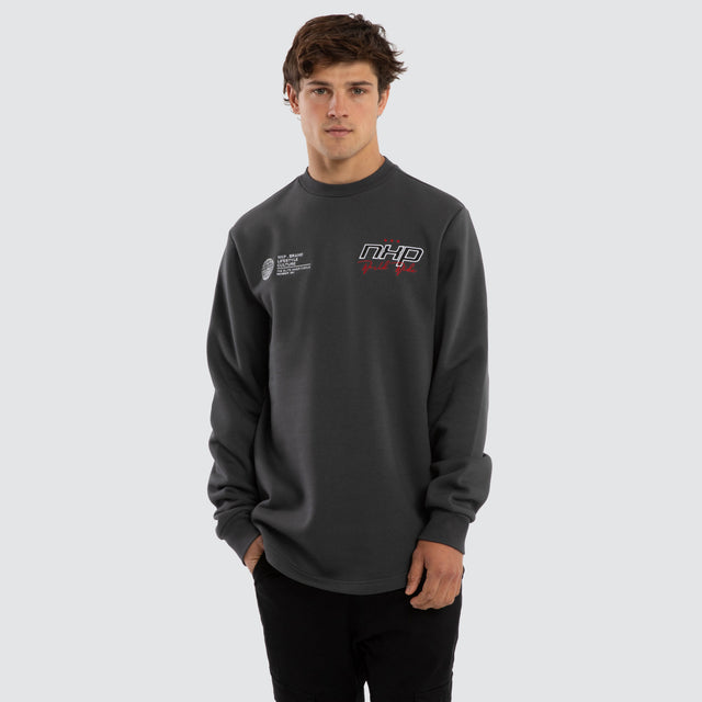 Model wears Moderate Dual Curved Sweater Asphalt Jumpers Grey – image 3