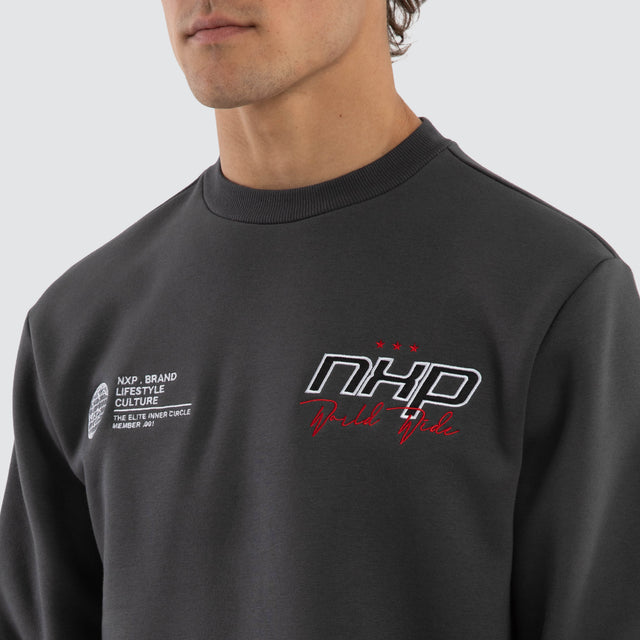 Model wears Moderate Dual Curved Sweater Asphalt Jumpers Grey – image 4