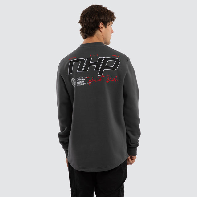 Model wears Moderate Dual Curved Sweater Asphalt Jumpers Grey – image 1