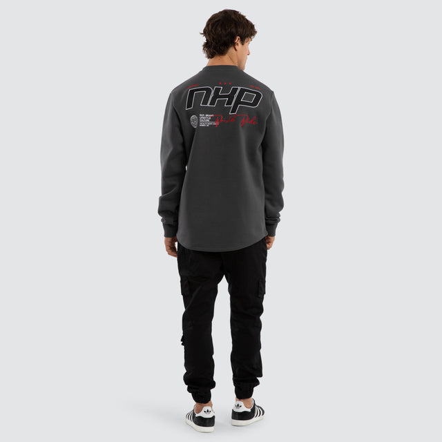 Model wears Moderate Dual Curved Sweater Asphalt Jumpers Grey – image 5
