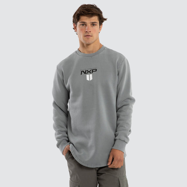 Model wears Crew Dual Curved Sweater Pigment Ultimate Grey Jumpers Grey – image 3