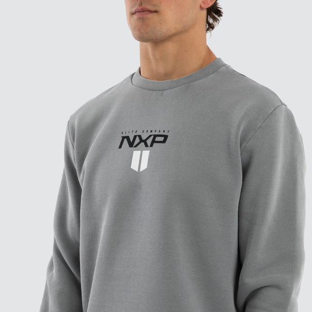 Model wears Crew Dual Curved Sweater Pigment Ultimate Grey Jumpers Grey – image 4