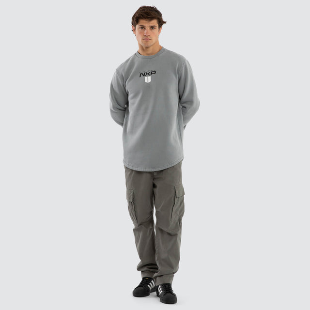 Model wears Crew Dual Curved Sweater Pigment Ultimate Grey Jumpers Grey – image 2