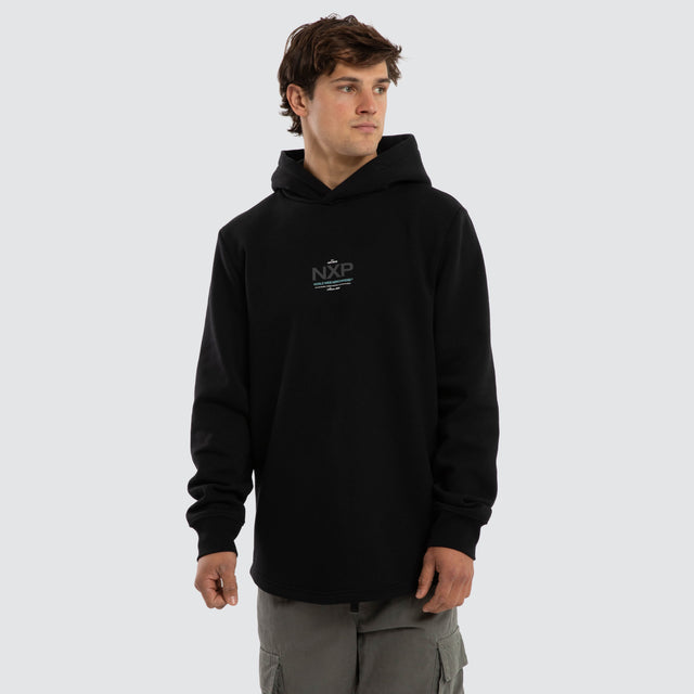 Model wears Peak Dual Curved Hoodie Jet Black Hoodies Black – image 3