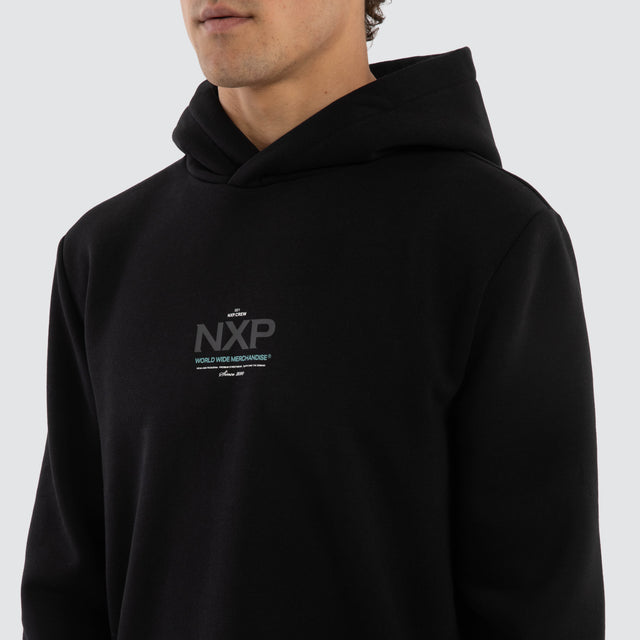 Model wears Peak Dual Curved Hoodie Jet Black Hoodies Black – image 5