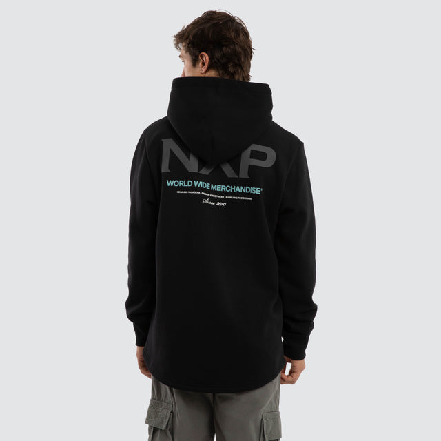 Model wears Peak Dual Curved Hoodie Jet Black Hoodies Black – image 1
