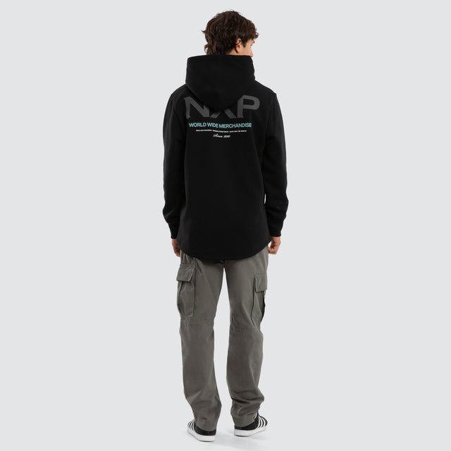 Model wears Peak Dual Curved Hoodie Jet Black Hoodies Black – image 4