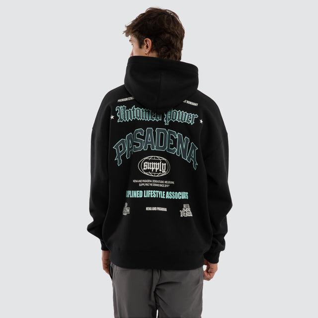 Model wears Mercy Box Fit Hoodie Anthracite Black Hoodies Black – image 1