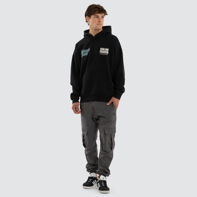 Model wears Mercy Box Fit Hoodie Anthracite Black Hoodies Black – image 2