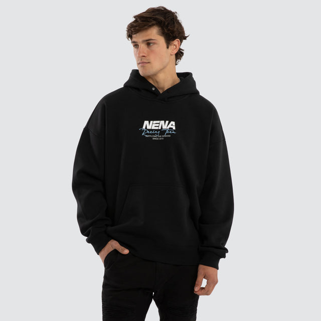 Model wears Network Box Fit Hoodie Anthracite Black Hoodies  – image 3