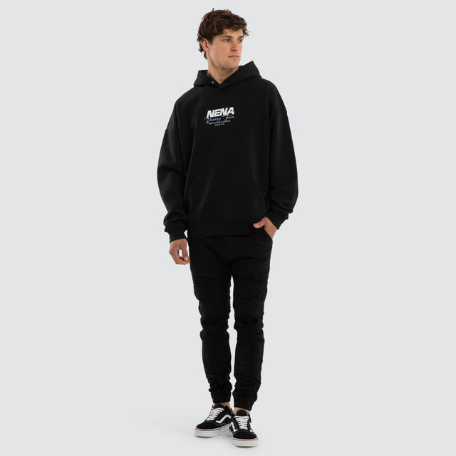 Model wears Network Box Fit Hoodie Anthracite Black Hoodies Black – image 2