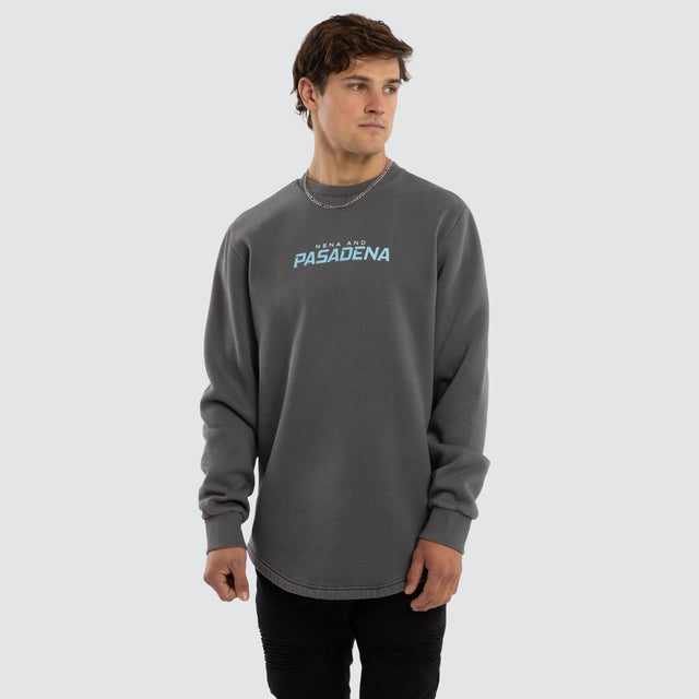 Model wears System Dual Curved Sweater Pigment Charcoal Jumpers Grey – image 3