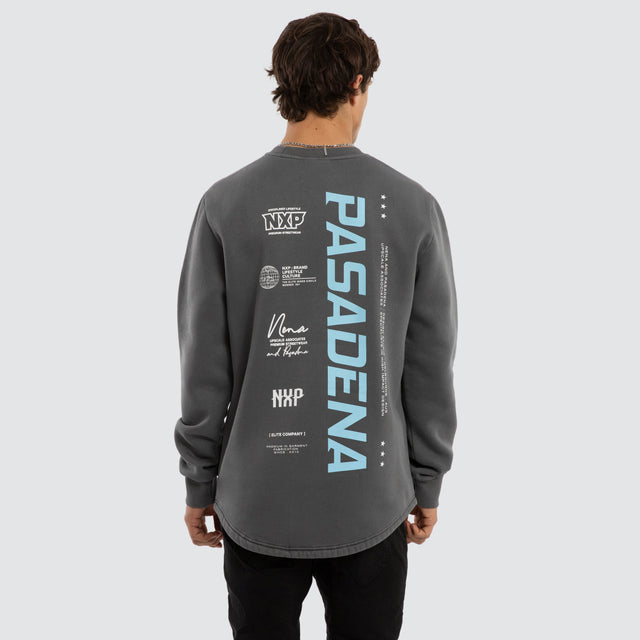 Model wears System Dual Curved Sweater Pigment Charcoal Jumpers Grey – image 1
