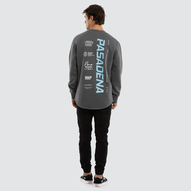 Model wears System Dual Curved Sweater Pigment Charcoal Jumpers Grey – image 5