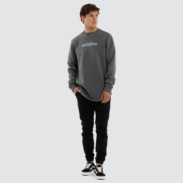 Model wears System Dual Curved Sweater Pigment Charcoal Jumpers Grey – image 2