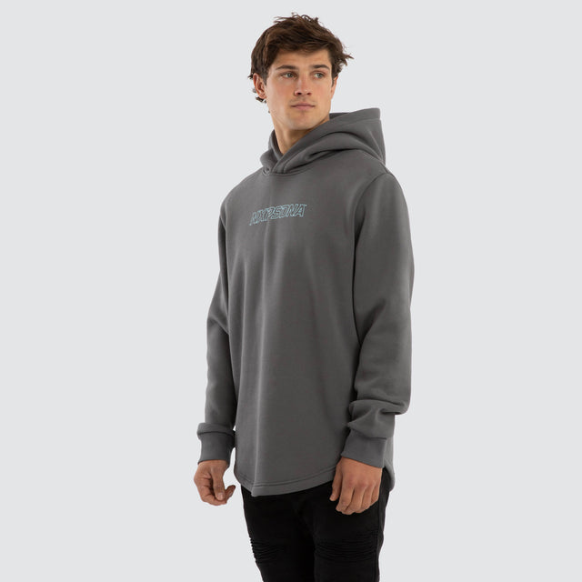 Model wears Public Dual Curved Hoodie Charcoal/Asphalt Hoodies Black – image 3