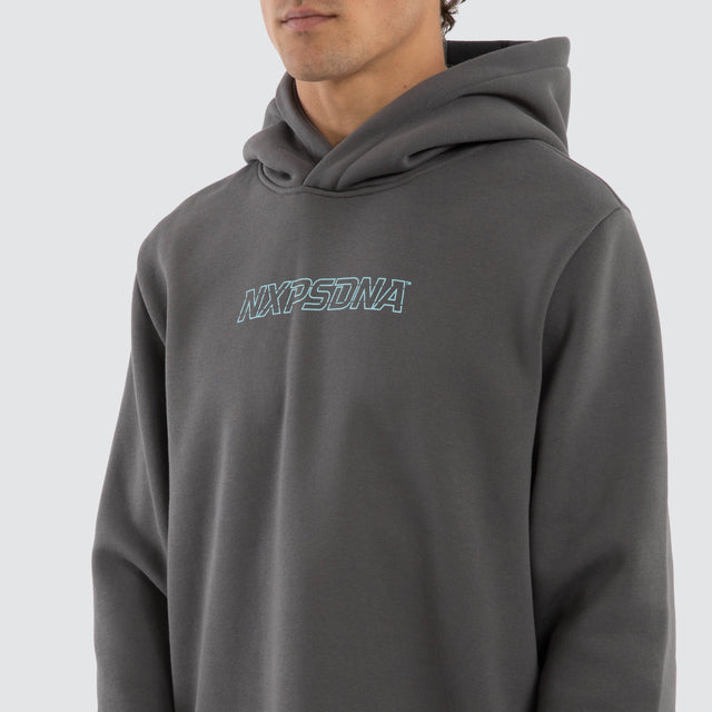 Model wears Public Dual Curved Hoodie Charcoal/Asphalt Hoodies Black – image 4