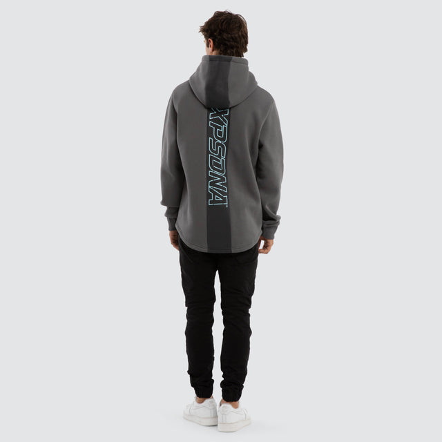 Model wears Public Dual Curved Hoodie Charcoal/Asphalt Hoodies Black – image 5