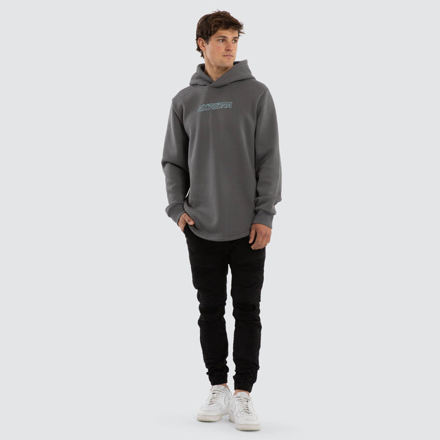 Model wears Public Dual Curved Hoodie Charcoal/Asphalt Hoodies Black – image 2