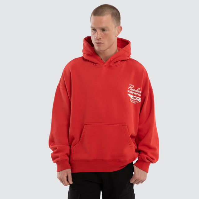 Model wears Neutral Box Fit Hoodie Pigment Red Hoodies Red – image 3