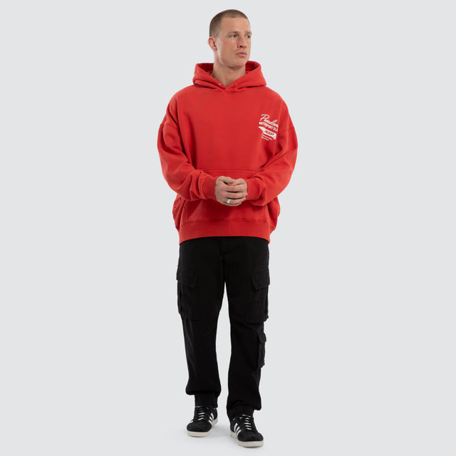 Model wears Neutral Box Fit Hoodie Pigment Red Hoodies Red – image 2