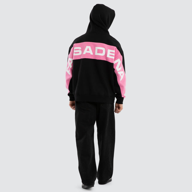 Model wears Zone Box Fit Hoodie Black/Pink Hoodies Black – image 4