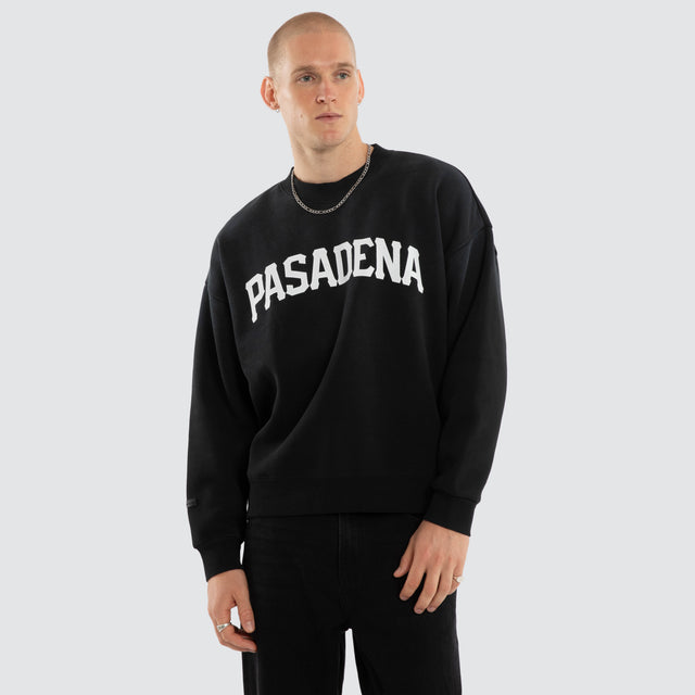Model wears Halo Box Fit Sweater Sunbleached Anthracite Black Jumpers Black – image 1