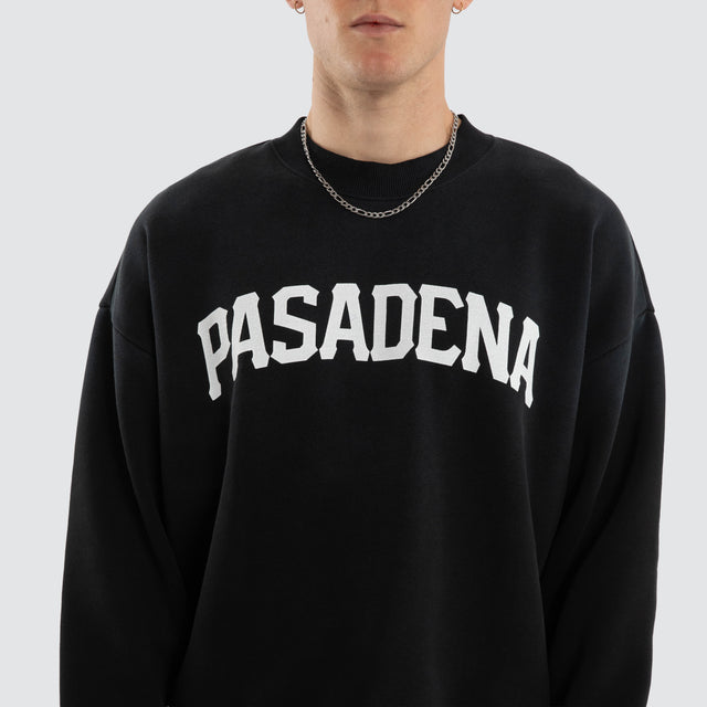 Model wears Halo Box Fit Sweater Sunbleached Anthracite Black Jumpers Black – image 3