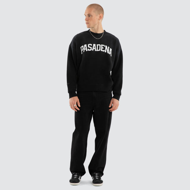 Model wears Halo Box Fit Sweater Sunbleached Anthracite Black Jumpers Black – image 5