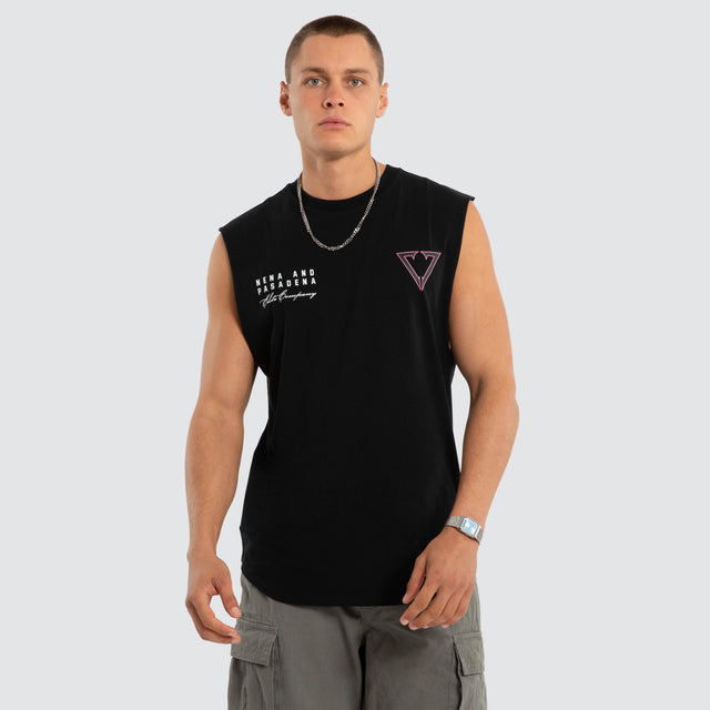Model wears NXP Eildolon Curved Hem Muscle Tee Black Muscle Tees in Black - Image 1