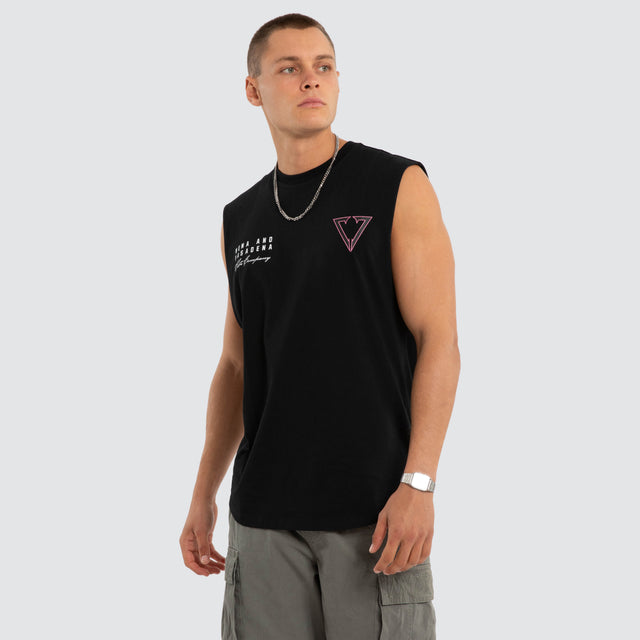 Model wears NXP Eildolon Curved Hem Muscle Tee Black Muscle Tees in Black - Image 3