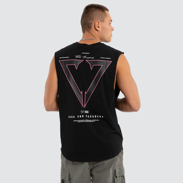 Model wears NXP Eildolon Curved Hem Muscle Tee Black Muscle Tees in Black - Image 2