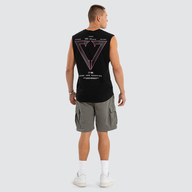 Model wears NXP Eildolon Curved Hem Muscle Tee Black Muscle Tees in Black - Image 6