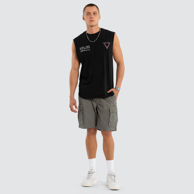 Model wears NXP Eildolon Curved Hem Muscle Tee Black Muscle Tees in Black - Image 5