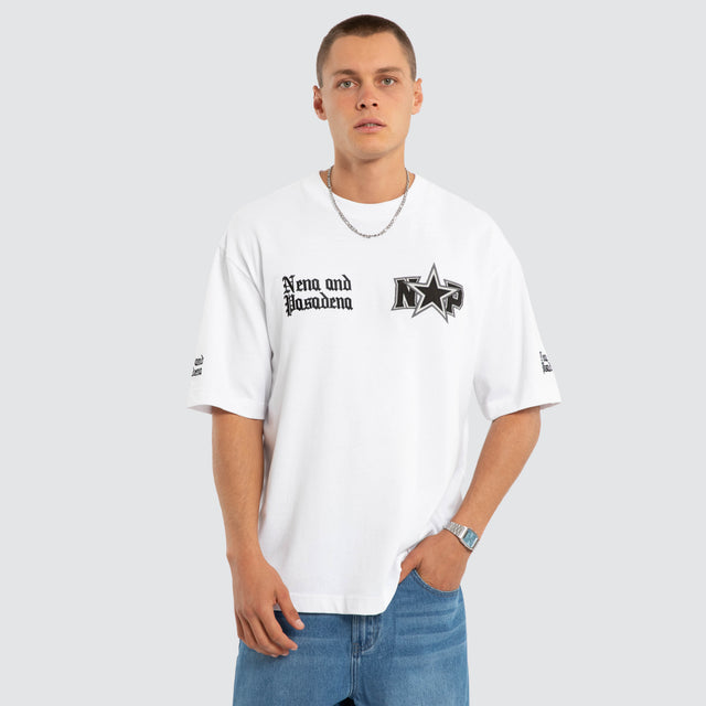 Model wears NXP Authority Oversized Tee Optical White T-Shirts in White - Image 1