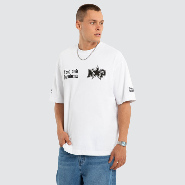 Model wears NXP Authority Oversized Tee Optical White T-Shirts in White - Image 3