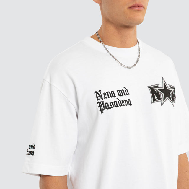 Model wears NXP Authority Oversized Tee Optical White T-Shirts in White - Image 2