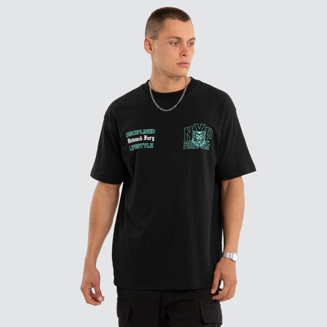 Model wears NXP Division Box Fit Tee Jet Black T-Shirts in Black - Image 1