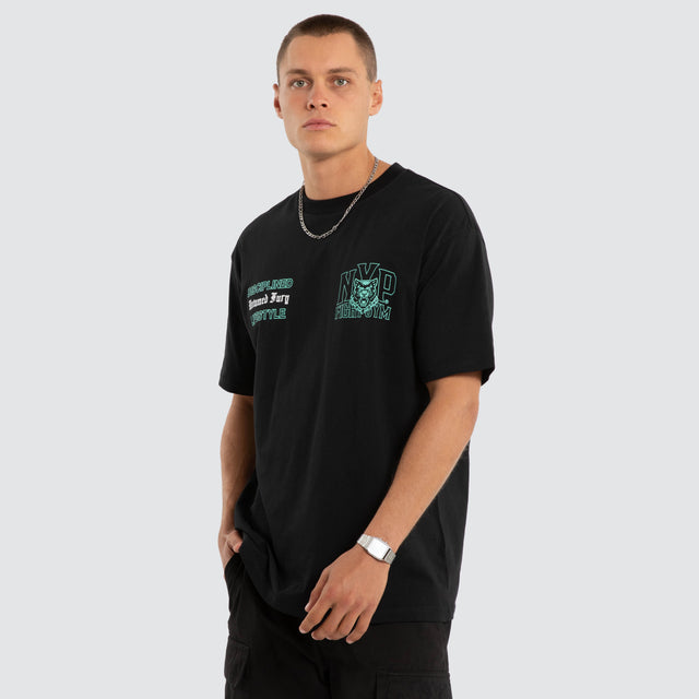 Model wears NXP Division Box Fit Tee Jet Black T-Shirts in Black - Image 2