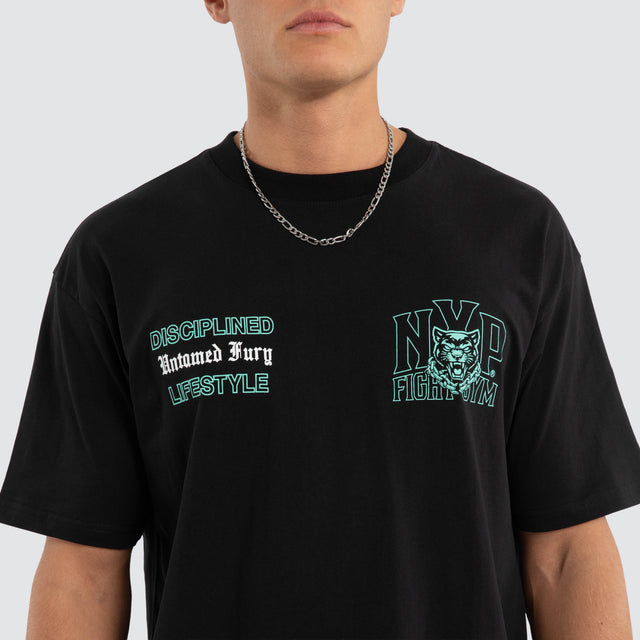 Model wears NXP Division Box Fit Tee Jet Black T-Shirts in Black - Image 4