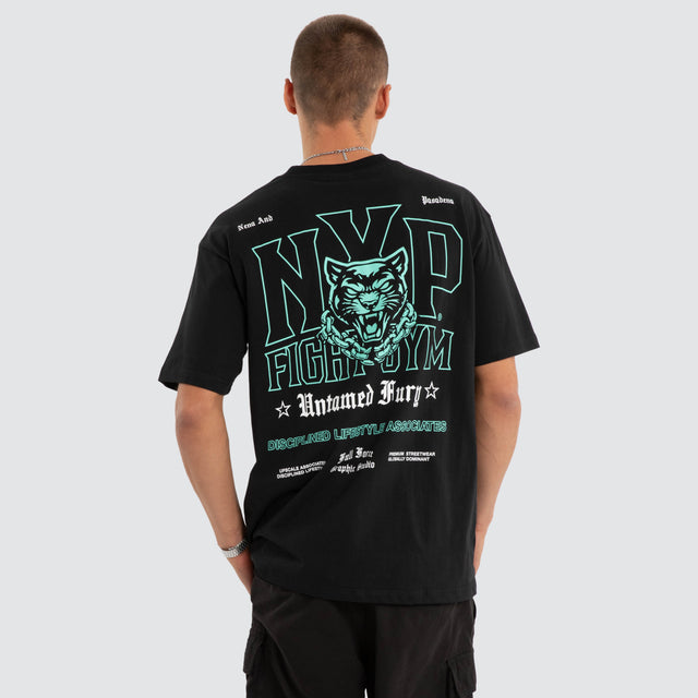 Model wears NXP Division Box Fit Tee Jet Black T-Shirts in Black - Image 3