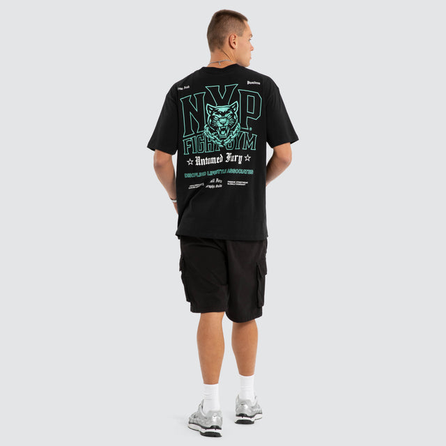 Model wears NXP Division Box Fit Tee Jet Black T-Shirts in Black - Image 6