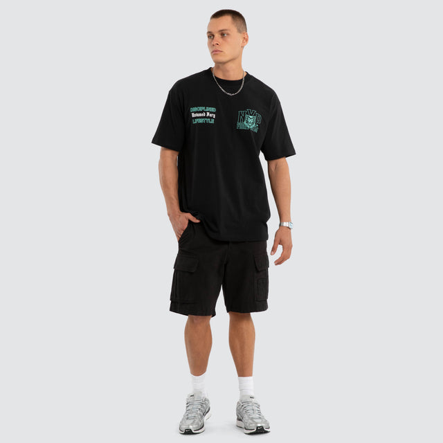 Model wears NXP Division Box Fit Tee Jet Black T-Shirts in Black - Image 5