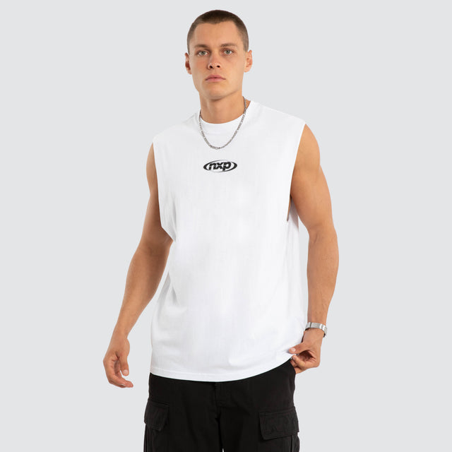 Model wears NXP Vanguard Relaxed Muscle White Muscle Tees in White - Image 1
